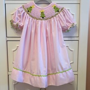 EUC Smocked or Not Baby Girl Light Pink Smocked Christmas Tree Dress - 9 Months